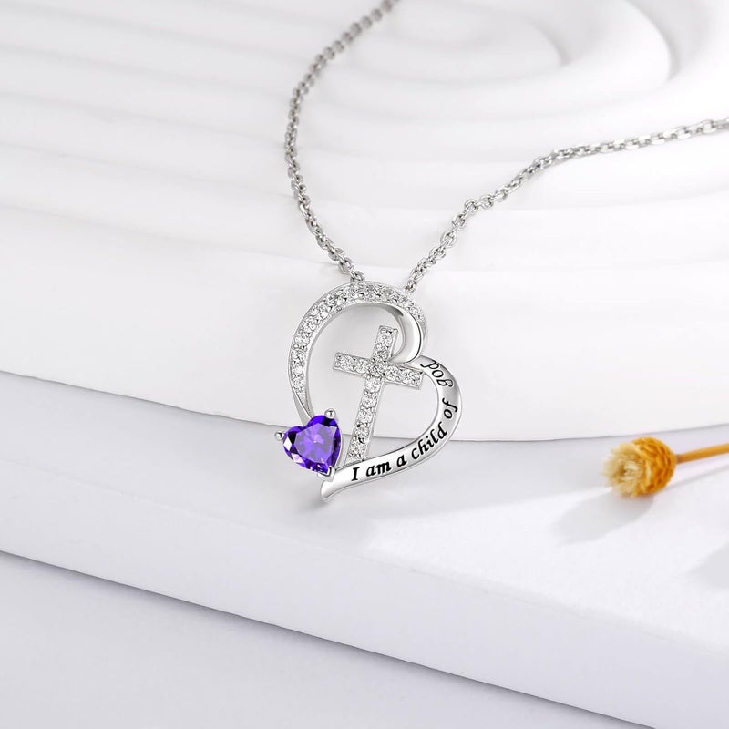 MANBU Sterling Silver Cross Necklace for Girls: Heart Birthstone I am a Child of God Pendant Religious Jewelry Baptism First Communion Confirmation Gifts for Teens - Image 3